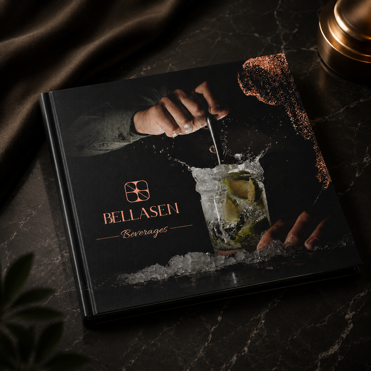Beverages folio on noir marble with brass