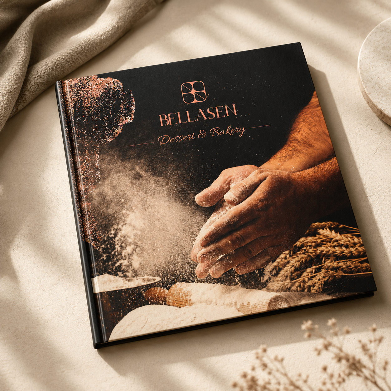 Dessert and Bakery folio on linen with flour and wheat