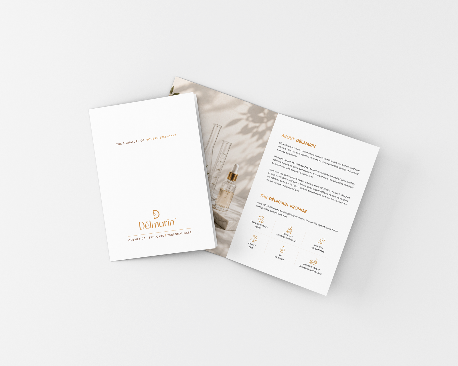 Délmarin brochure open to the About and Promise spread