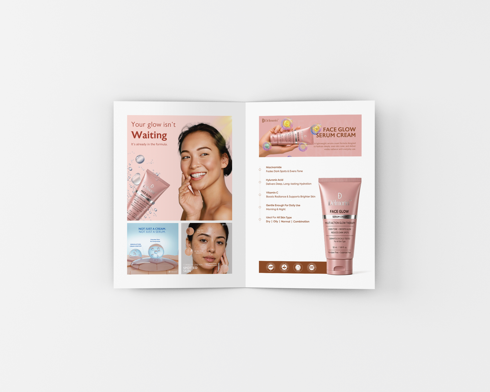 Délmarin brochure spread featuring the Face Glow Serum Cream