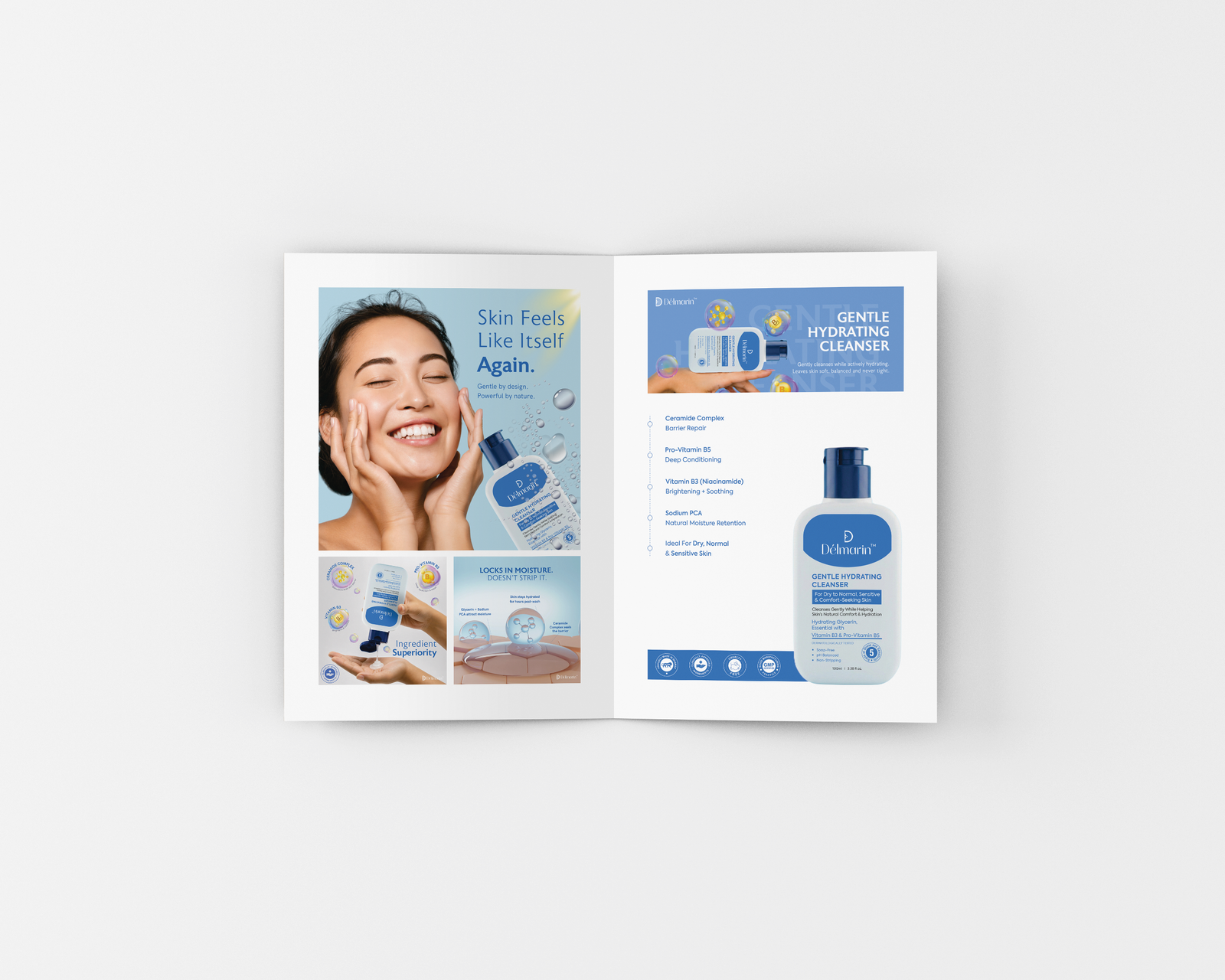 Délmarin brochure spread featuring the Gentle Hydrating Cleanser