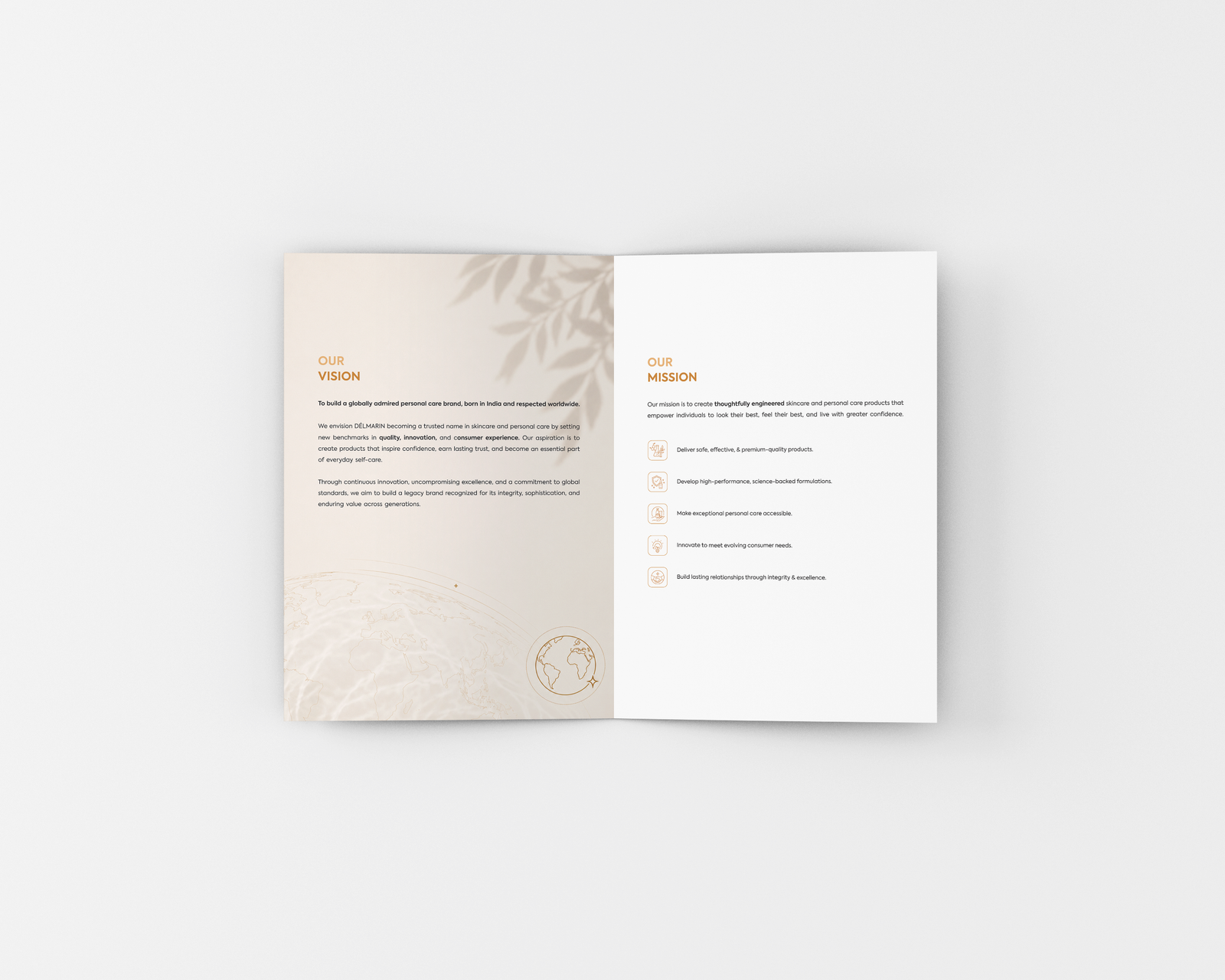 Délmarin brochure spread showing Our Vision and Our Mission