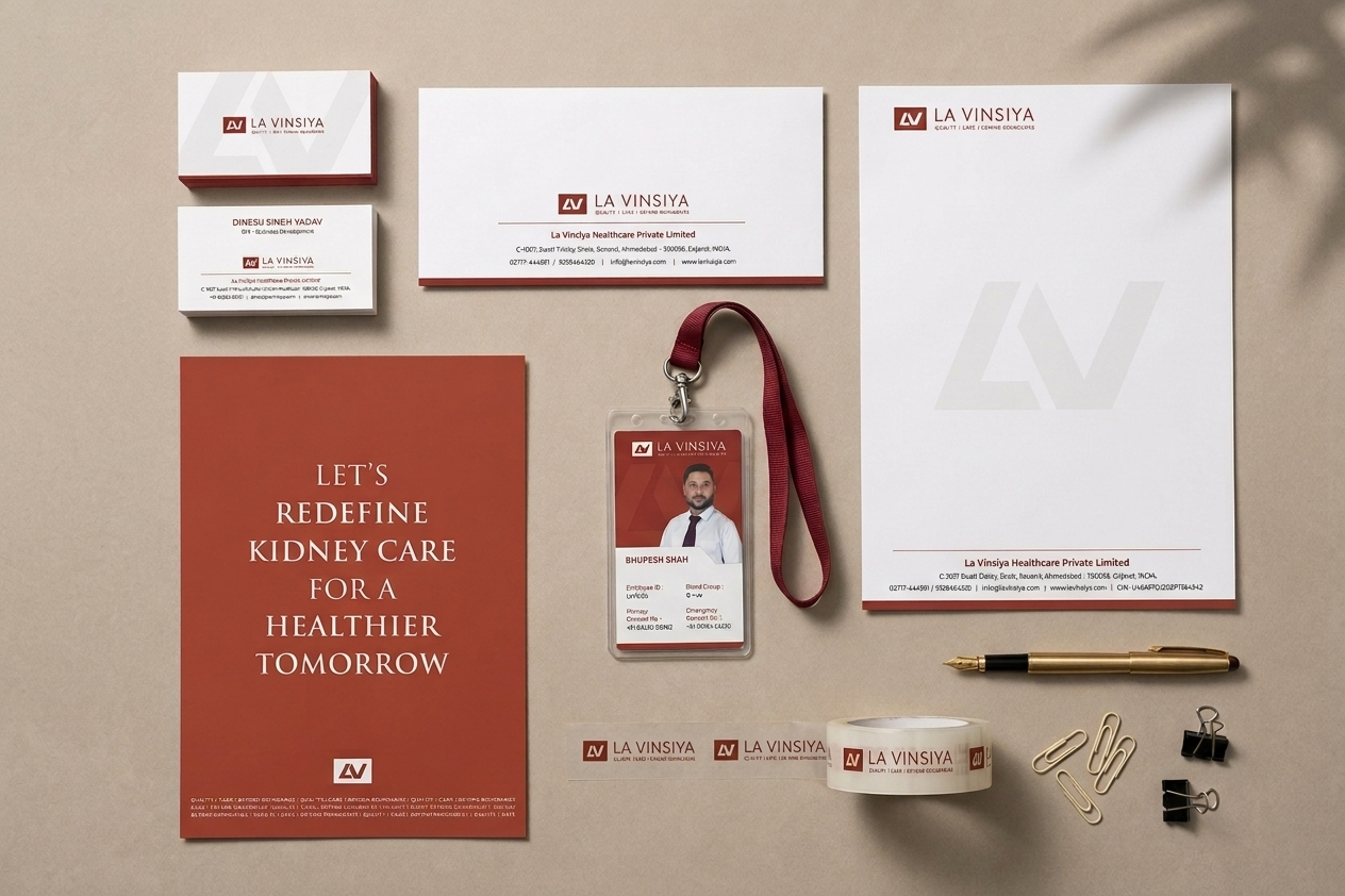 La Vinsiya full stationery suite — business cards, letterhead, envelope, ID card, branded tape and packing clips