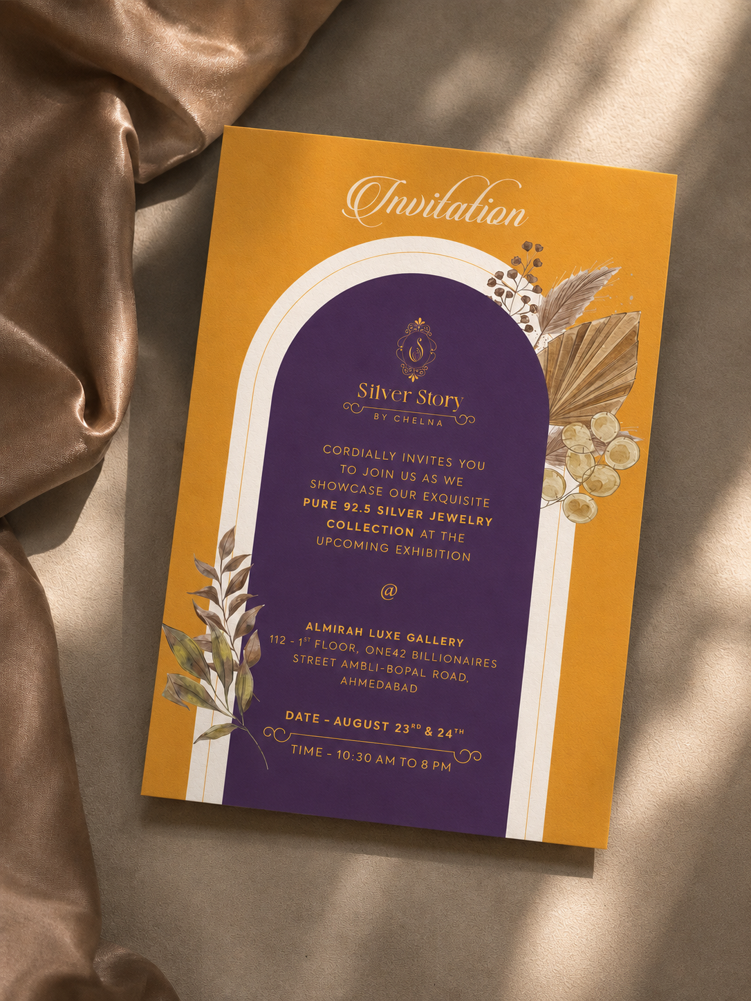 Silver Story printed exhibition invitation — arch layout in purple and gold